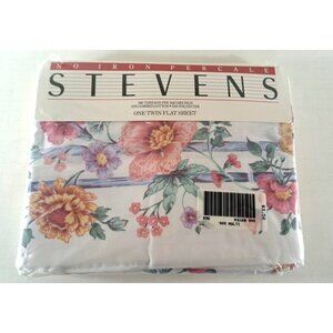 NEW Vintage Stevens Twin Flat Sheet Pink Gold Blue Floral Combed Cotton
